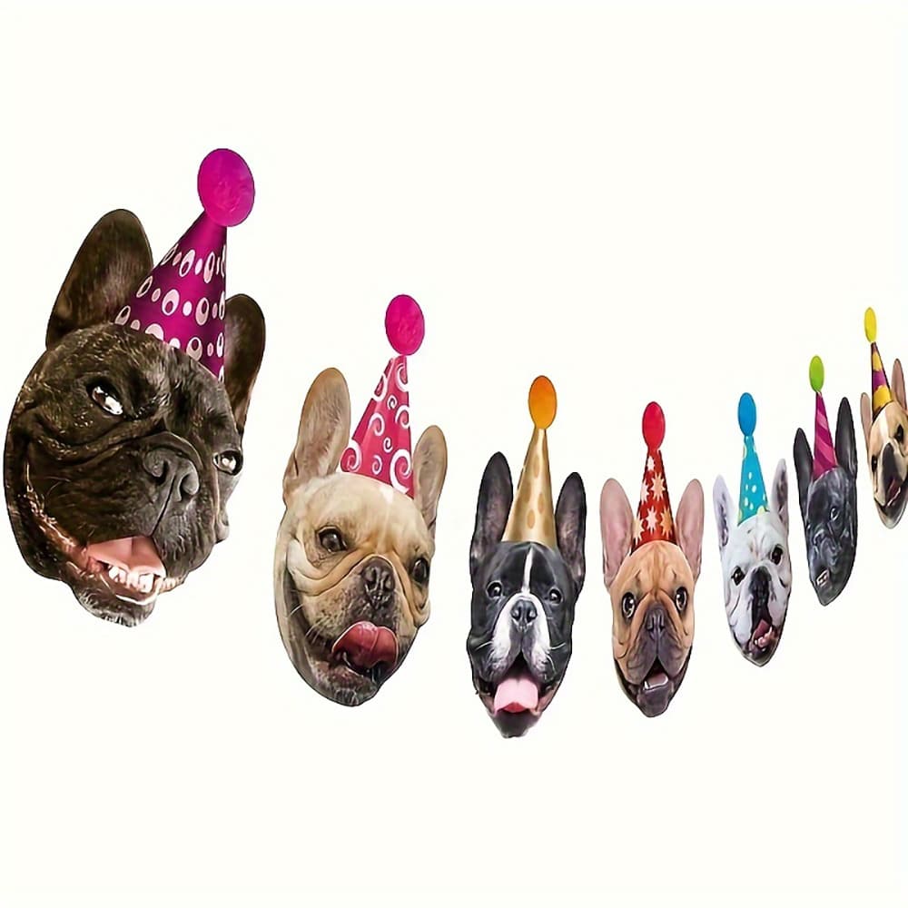 狗狗生日快乐横幅，小狗主题派对装饰背景，趣味法国斗牛犬花环，狗狗派对横幅，生日快乐标牌 - 狗-法鬥-B - 查看 1