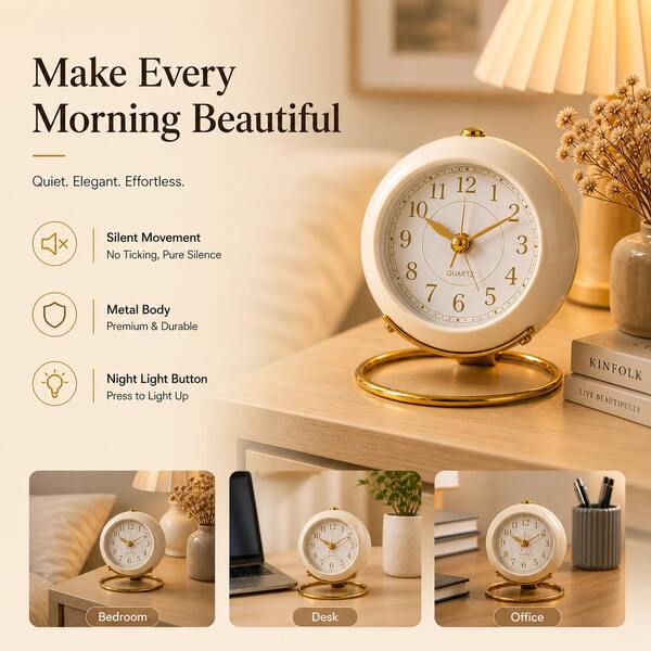 1 pièce d'horloge de réveil analogique de style nordique vintage, mignonne, silencieuse et simple pour la table de chevet, portable avec grande capacité, équipée d'un éclairage de nuit, boîtier métallique, convient aux gros dormeurs, horloge de réveil de chambre, horloge de réveil de bureau créative électronique, horloge de réveil minimaliste, nouvelle horloge de réveil de bureau/table de chevet, horloge de réveil silencieuse et lumineuse pour étudiant, décoration scolaire, surprise de campus, décoration de dortoir, décoration de rentrée scolaire pour la maison, décoration de chambre, fournitures d'étude