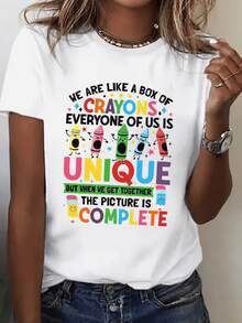 Bright Colors Of Smiling Crayons Symbolize Diversity And Unity, Conveying The Idea That Each Person Contributes Something Unique, Forming A Complete Whole Full Of Harmony And Happiness. A Fun, Comfortable, Casual Women's T-Shirt For Everyday Wear. - 白色 - 查看 8