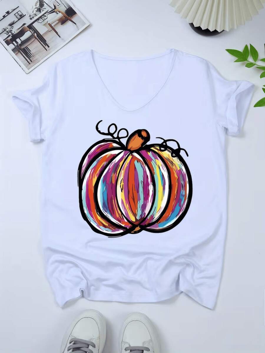 Calabaza multicolor que simboliza alegría vitalidad y energía positiva pintada con trazos artísticos llamativos camiseta de mujer con cuello en V casual y moderna para uso diario - Blanco - Ver 1