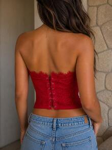 Women's Lace Corset Strapless Top, Various Colors: Nude, Black, White, Brown, Sexy And Elegant Shaping - 紅色 - 查看 5