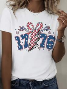 Symbols Of Independence Created With Numbers Filled With Stars And Stripes In Shades Of Red, Blue, And White Reflecting Strength And Freedom. Modern Women's T-Shirt For Everyday Wear. - 白色 - 查看 8