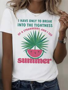 A Green Palm Tree Emerging From A Pink Half-Watermelon Evokes Freshness, Vitality, And Summer Joy, Inspiring Free Moments Under The Sun By The Sea. A Modern, Comfortable, And Attractive Casual Women's T-Shirt. - 白色 - 查看 8