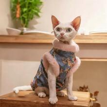 冬季公主风猫咪服装，天鹅绒旗袍，防舔防起球，新年加厚背心，斯芬克斯猫优雅装扮 - 藍色 - 查看 4