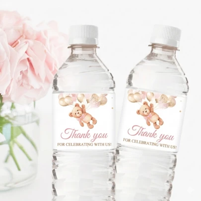 Boosaletico 40PCS Balloon Bear Water Bottle Labels, Thank You For Celebrating With Us, Peel And Stick Water Bottle Packaging Stickers, Wedding Party Bridal Decor Gift Tags
