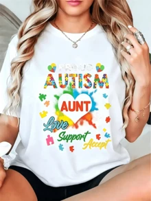 Proud Auntie Graphic T-Shirt - Casual Short Sleeve, Geometric Pattern, Colorful Heart And Rainbow Design, Family Awareness Clothing, Spring/Summer/Autumn, Awareness Clothing| Casual Style | Quality Printing - 白色 - 查看 1