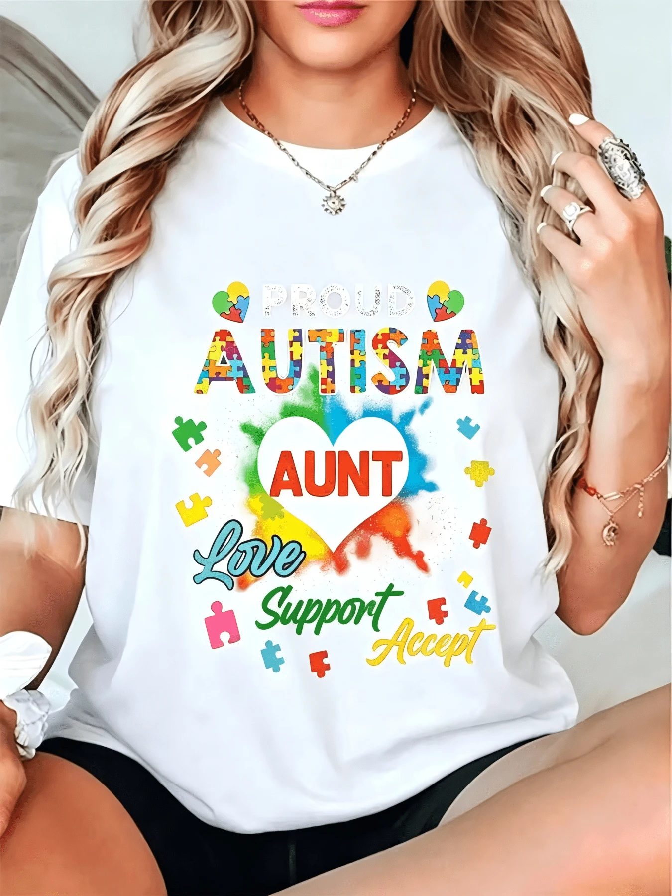 Proud Auntie Graphic T-Shirt - Casual Short Sleeve, Geometric Pattern, Colorful Heart And Rainbow Design, Family Awareness Clothing, Spring/Summer/Autumn, Awareness Clothing| Casual Style | Quality Printing - 白色 - 查看 1
