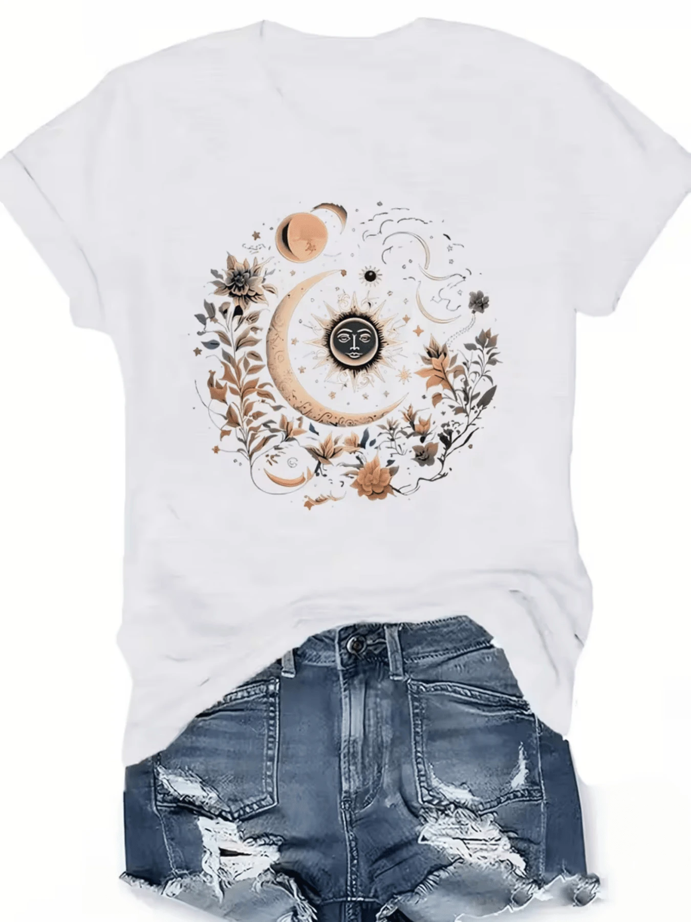 Sol y luna rodeados de flores simbolizando equilibrio entre la energía cósmica y la naturaleza con detalles dorados y toque espiritual camiseta de mujer casual cómoda para uso diario - Blanco - Ver 1