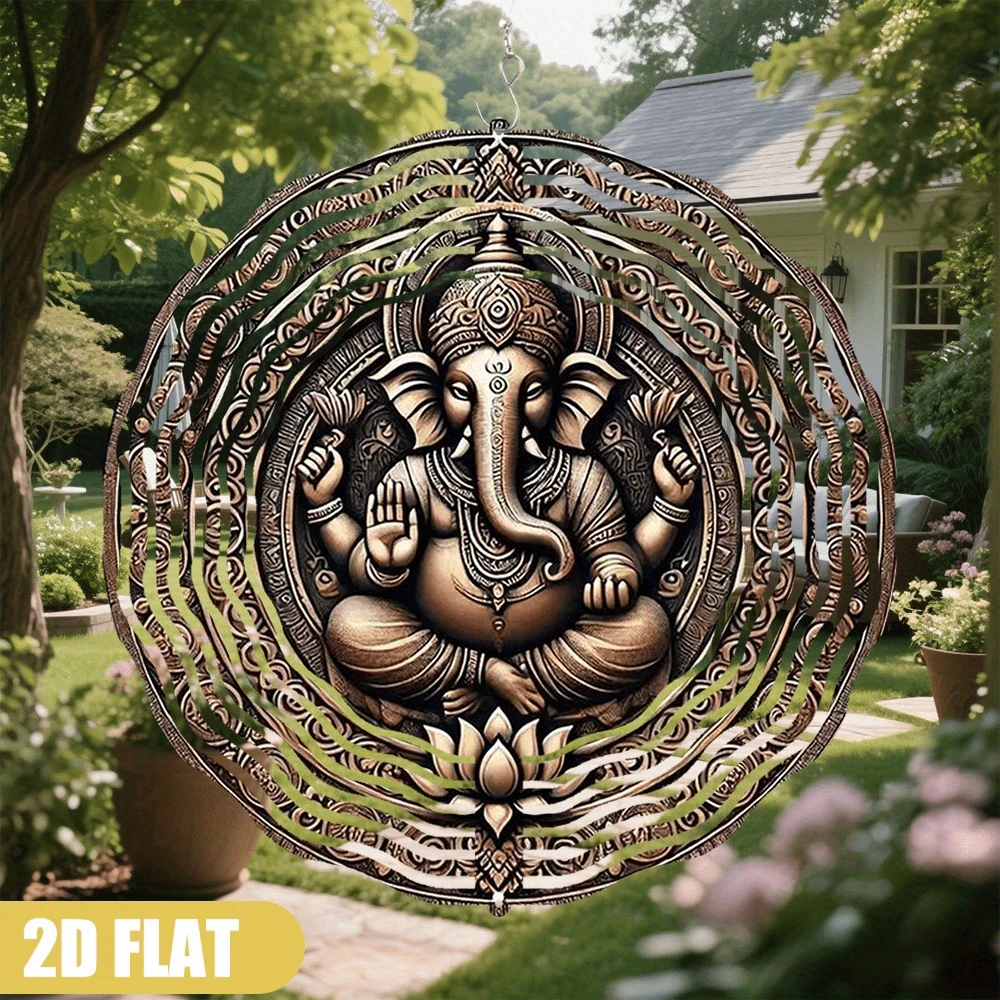 1个10x10英寸360°旋转金属象头曼陀罗风铃，手工制作宗教装饰品，适用于花园、露台、家居 - 舒缓的户外悬挂装饰，圣诞礼物之选，小型户外风铃，设计优雅，高品质金属工艺，适合灵性追求者、冥想空间、工艺品，2D平面（无吊坠），随机发货