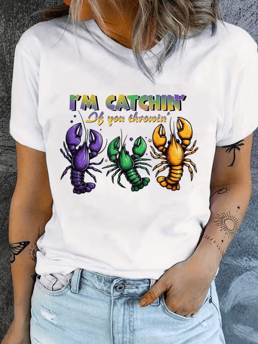 Tres coloridos cangrejos simbolizan energía confianza y alegría con tonos que evocan fiesta y diversión camiseta de mujer casual moderna para el día a día - Blanco - Ver 1