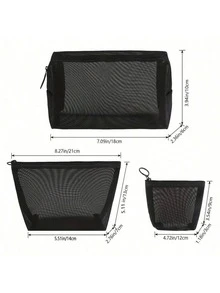 Bộ 1/2/3 túi đựng mỹ phẩm lưới nylon màu đen tối giản, dung tích lớn, túi đựng mỹ phẩm du lịch trong suốt có khóa kéo, quà tặng. - màu đen - Xem 5