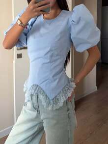Women's Elegant Blouse Puff Sleeve Round Neck Top Lace Trim Corset Waist Back Lace Up Casual Shirts - Blue - View 3