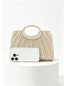 Champagne Gold Pleated Clutch Bag, Rhinestone Ring Handle Suitable For Wedding, Gala And Cocktail Party - Apricot - View 5