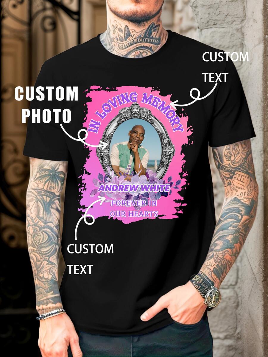 Men's Casual Loose Crew Neck T-Shirt - Add Your Photo - Design Your Personalized Graphic Tee, Support Text/Name Customization. Give Him/Her A Sports - Black - View 1