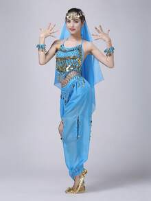 Belly Dance Costume: Gold Coin Spaghetti Strap Top + Harem Pants + Headscarf, Suitable For Performance, Halloween And Theme Parties (Multiple Colors Available) - Multicolor - View 4