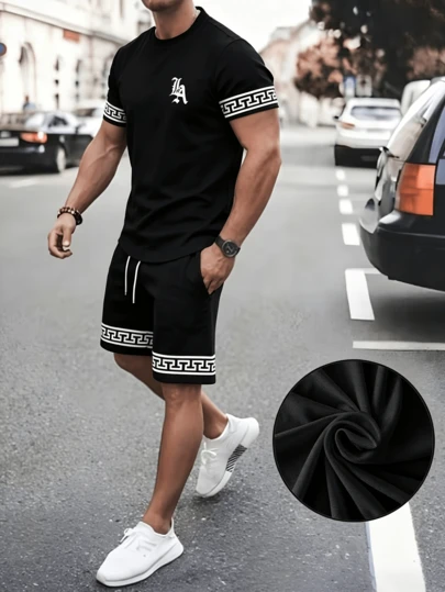 Men's Casual Fashion T-Shirt & Shorts Set, Lightweight Round Neck Printed Quick-Dry Running Outfit For Summer