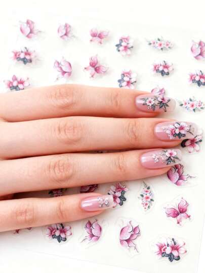 1pc Pink Flower & Butterfly Nail Stickers, Self-Adhesive 3D Embossed Nail Art Decals, Glitter Shiny Effect, Suitable For Spring Outings, Delicate Pattern Easy To Apply