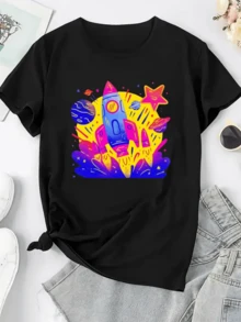 Colorful Rocket Soaring Through The Universe With Bright Stars And Planets That Evoke The Energy Of Dreams And Space Exploration. Comfortable, Modern, Casual Women's T-Shirt For Everyday Wear. - 黑色 - 查看 8