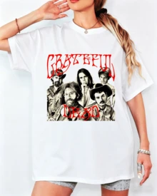 G-Ratefull D-Eadd Retro Band Group Photo T-Shirt, Gothic Font Logo Print, Unisex Casual Top - White - View 6