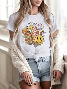 A Cheerful Set Of Symbols With Smiling Flowers, Colorful Hearts, A Friendly Bunny, And Plaid Patterns That Convey Positive Energy And Retro Fun. A Comfortable, Youthful, And Modern Casual Women's T-Shirt. - 白色 - 查看 8