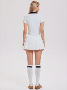 KyrLssu 女士高尔夫连衣裙，立领短袖，印花运动图案，可拆卸短裤内衬带口袋，适合休闲、跑步、瑜伽、健身、网球、高尔夫和其他日常活动 - 白色 - 查看 2