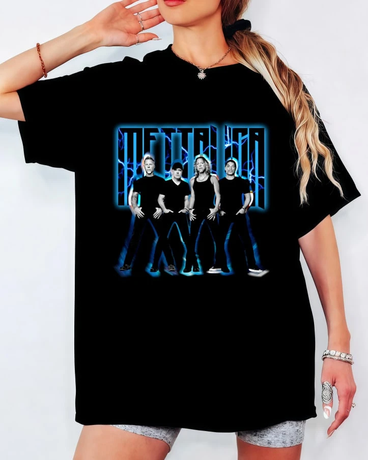 Me-Tallicaa Lightning Effect Band Portrait T-Shirt,Logo Print, Unisex Rock Fan Top - Black - View 1