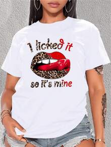 Labios rojos con estampado de leopardo que simbolizan confianza pasión y una actitud audaz hacia la vida camiseta de mujer casual moderna cómoda para uso diario - Blanco - Ver 1