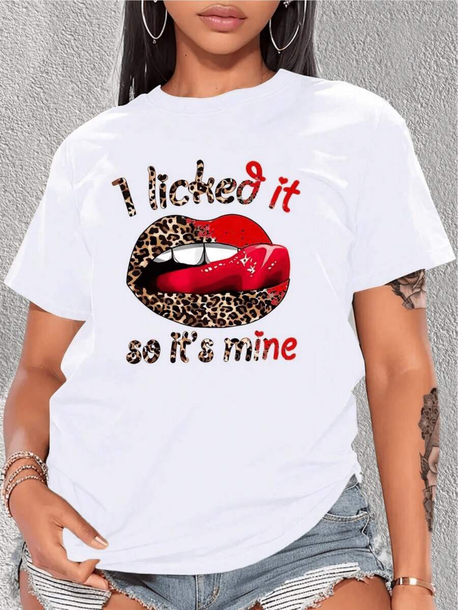 Labios rojos con estampado de leopardo que simbolizan confianza pasión y una actitud audaz hacia la vida camiseta de mujer casual moderna cómoda para uso diario - Blanco - Ver 1