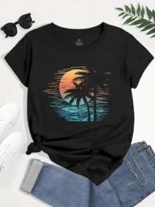 Atardecer tropical con palmeras frente al mar que transmite calma libertad y espíritu veraniego con tonos cálidos y suaves camisetas de mujer casual moderna cómoda para uso diario - Negro - Ver 8