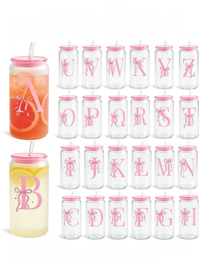 16oz Leak-Proof Travel Water Bottle/Iced Coffee Cup With Lid & Straw, Featuring Bow Tie, Letter Print, And Soda Can Style Graphics, Suitable For Women, Fitness, Camping, Birthday Party, Cute Bow Tie Ribbon Design