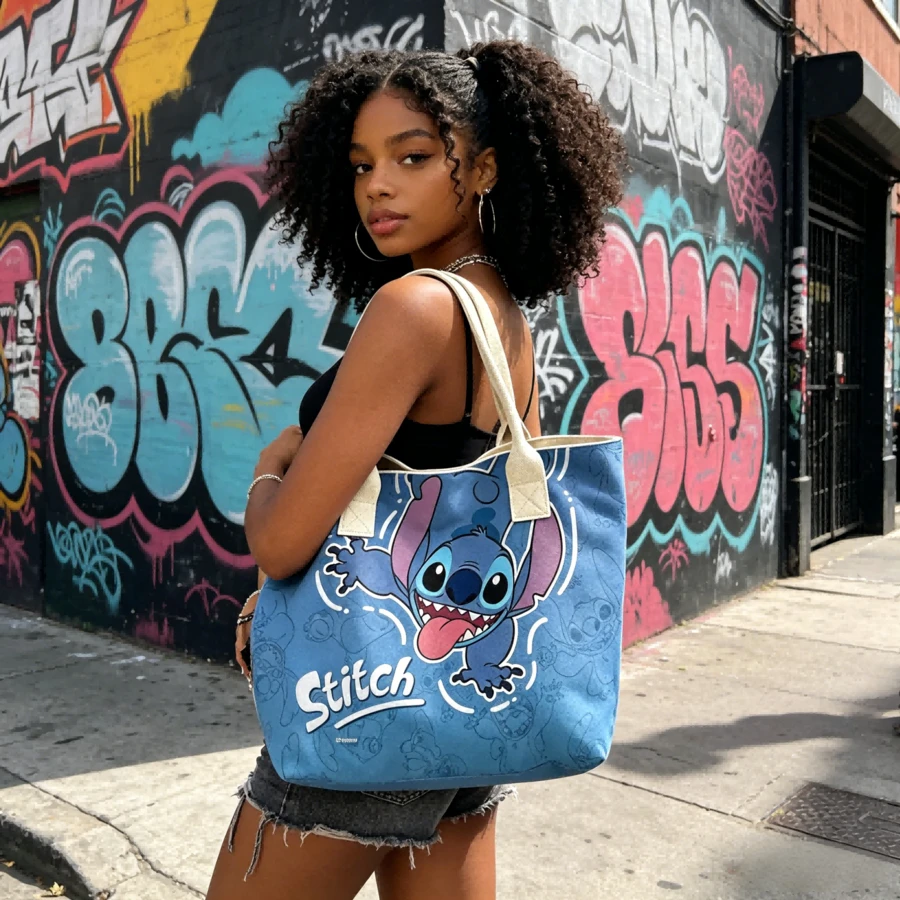 1 Túi đeo vai kiêm giỏ đựng đồ chủ đề Stitch của DISNEY có khóa kéo - Hình Stitch dễ thương, thích hợp để mang đi du lịch, đựng sách, đồ ăn nhẹ - Quà tặng cho người yêu thích Stitch - Hình vuông - Xem 1