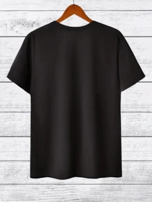 Camiseta manga corta cuello redondo 100% algodón, estampado trendy, tejido ligero y ventilado, estilo moda casual, apta para vida diaria, salidas informales y citas en primavera, verano y otoño - Negro - Ver 3