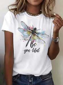 Libélula colorida simbolizando transformación libertad y belleza interior con efecto acuarela y mensaje positivo Be You Tiful camiseta de mujer casual moderna para uso diario - Blanco - Ver 8