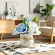 1 Pot Large Artificial Blue & White Mixed Flower Potted Plant, White Pot With Rattan Decor, Fresh Ins Style Fake Flowers & Greenery, Desktop Decor, Home Living Room Bedroom Windowsill Floral Arrangement - Blue and White - View 1