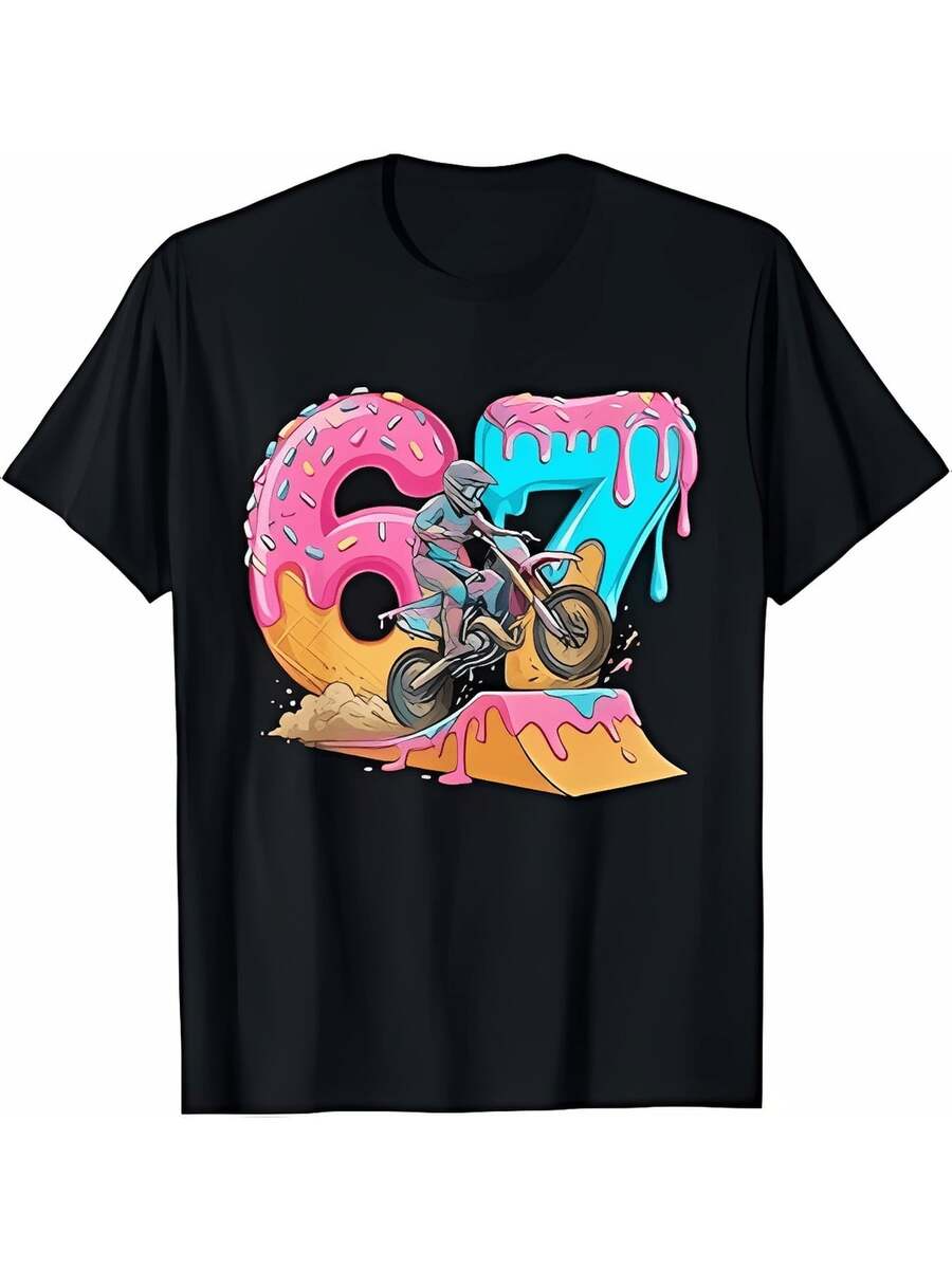 Camiseta Unisex de Manga Corta Estampada para Verano 2025, Diseño Divertido de Motocicleta Todoterreno Número 67 (1).jpg, 220g - Negro - Ver 1