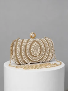 Elegant Gold Spiral Pearl & Rhinestone Decorated Evening Clutch Bag With Detachable Chain Strap - Gold - View 2