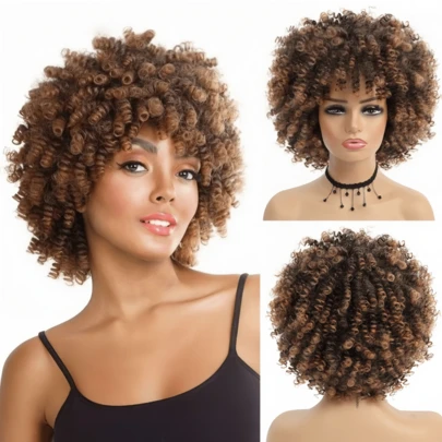 Short Hair Afro Kinky Curly Wig With Bangs African Synthetic Wigs For Black Women Ombre Natural High Temperature Light Brown