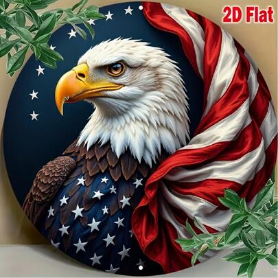 2D Flat 1pc Patriotic Eagle Round Wooden Sign - 7.87x7.87 Inches, Vintage 2D Wall Art With American Flag Design, Wall Hanging Home Decor For Living Room, Cafe, Garage - Unique Gift For Holiday And Daily Display, Vibrant Color Finish, 2D Flat