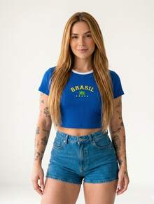 Cropped T-Shirt Brazil Print Top Blouse Round Neck Short Sleeve World Cup  Brazil  Fan Cotton Daily - 藍色 - 查看 2
