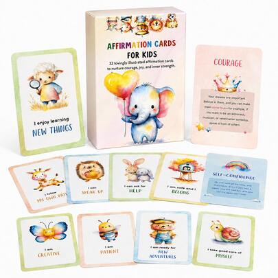 Bộ 32 thẻ khẳng định tích cực cho trẻ em, thẻ học tiếng Anh sớm kèm hướng dẫn, thẻ khen thưởng hành vi tốt trong lớp học, thẻ từ vựng tạo động lực, thẻ khuyến khích học sinh, hình động vật dễ thương, chất liệu bìa cứng dày dặn, thích hợp cho giáo viên, phụ huynh và học sinh tại nhà.