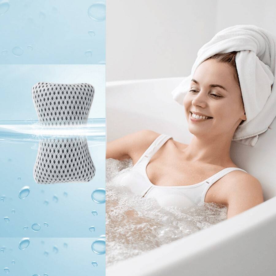 1pc Bath Pillow For Tub, Breathable 3D Mesh Cloth,Slip Resistant Waterproof Bath Pillow, Neck And Back Support, With 2 Strong Suction Cups To Prevent Slipping, Relaxing Spa Essentials, Spa Pillow, Spa Accessory Fits Bathtubs Quick-Drying Design - View 1