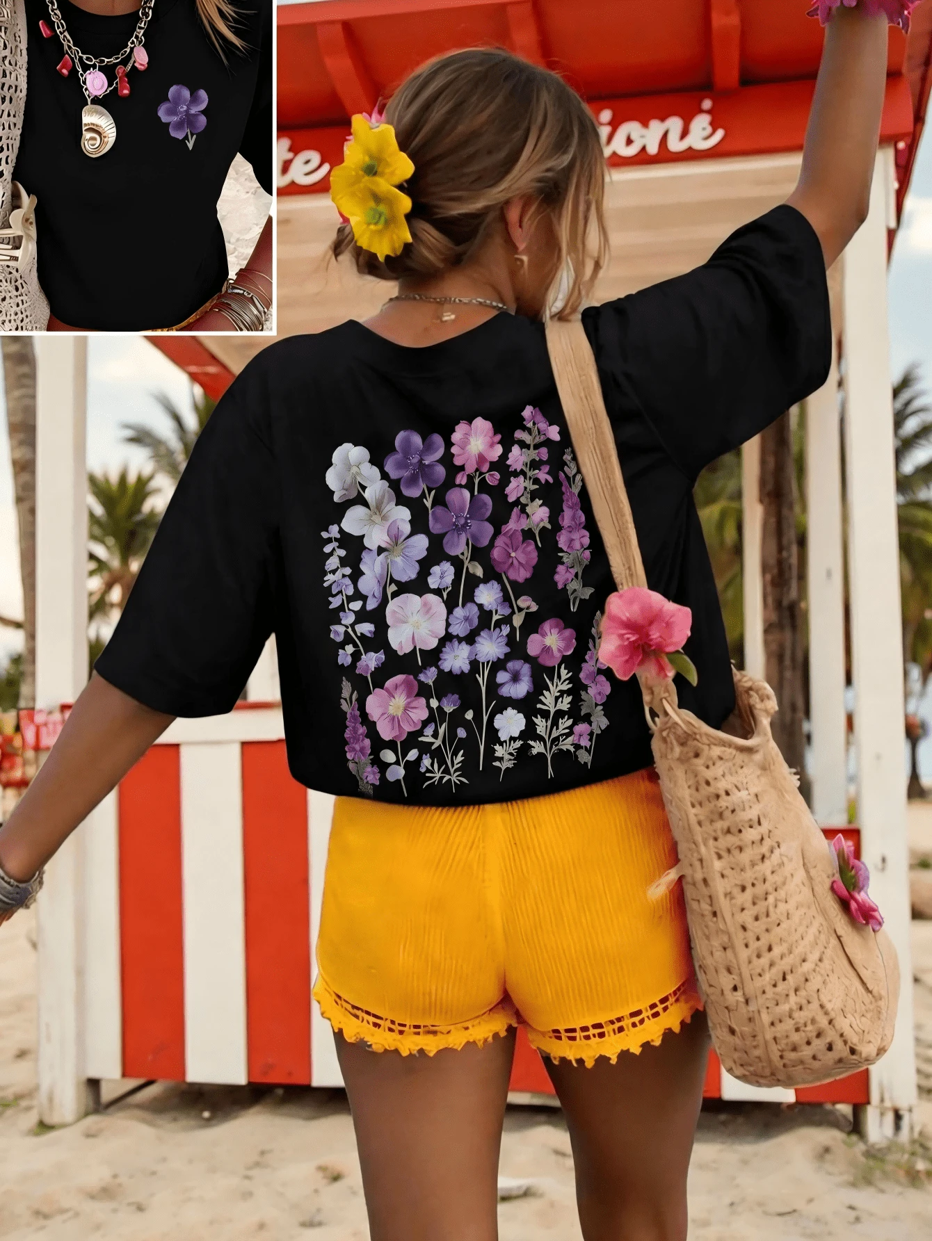 Women's Round Neck Printed Short Sleeve T-Shirt, Casual Loose Fit, Super Soft & Comfortable Fabric, Ins Street Fashion Style, Classic All-Match Graphic Tee, Breathable Lightweight Daily Basic Top, Perfect For Daily Wear, Casual Vacation, Office Commute, Outdoor Going Out, Weekend Gathering, Shopping And Leisure Activities, Ladies Oversized Casual Pullover T-Shirt - 黑色 - 查看 1