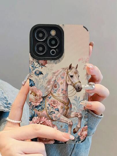 1个新款时尚优雅的蓝粉色花卉骏马图案防震保护手机壳，日常必备保护，设计精美，适合作为礼物送给亲朋好友，兼容 17/17Air/17Pro/17ProMax/ 16/16Plus/16Pro/16ProMax/ 15/15Plus/15Pro/15ProMax/ 14/14Plus/14Pro/14ProMax/ 13/13Pro/13ProMax/ 12/12Pro/12ProMax/ 11/ 11Pro/11ProMax