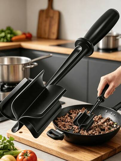 1pc Black Meat Grinder/Potato Masher - Heat Resistant Nylon Handheld Tool, Non-Stick Blended Meat Mincer, Durable Beef/Pork/Chicken/Vegetable Masher, Easy To Clean, Dishwasher , Multipurpose Kitchen/Cooking/Meal Prep/Baking, Popular Kitchen Gadget, Ideal Gift For Birthday/Housewarming/New Year/Cooking Enthusiasts