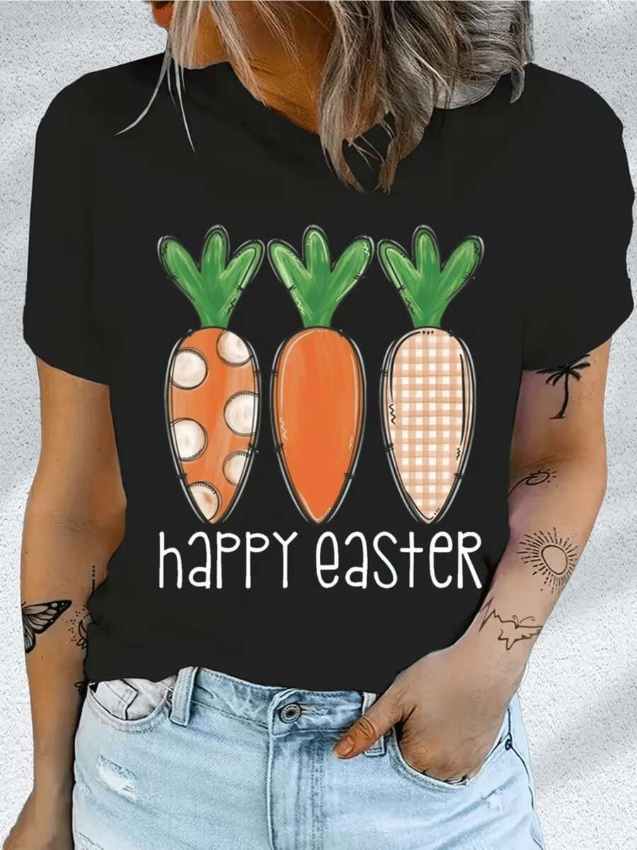 Tres zanahorias naranjas con hojas verdes simbolizan alegría frescura y la celebración de Pascua creando un ambiente festivo y lleno de energía positiva camiseta de mujer casual cómoda para diario - Negro - Ver 1