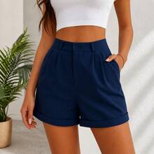 Women's Linen Shorts, Formal Linen Shorts With Italian Hem And Lined Design. - Navy Blue - View 2