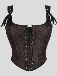 Áo camisole corset jacquard vintage, khóa kéo bên hông, dây buộc, định hình xương cá, phong cách gothic quyến rũ cho Halloween/tiệc - Cà phê nâu - Xem 9