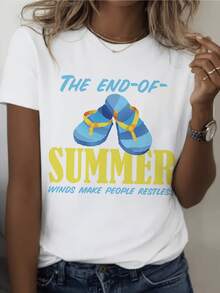 Sandalias azules que simbolizan la paz de los días soleados y el deseo de libertad junto al mar al final del verano con letras amarillas que evocan energía camiseta de mujer casual cómoda para uso diario - Blanco - Ver 8