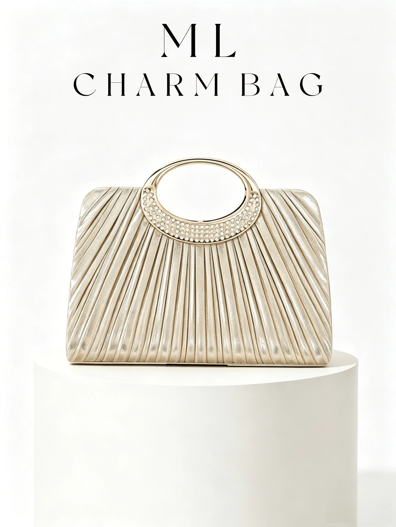Champagne Gold Pleated Clutch Bag, Rhinestone Ring Handle Suitable For Wedding, Gala And Cocktail Party - Apricot - View 1