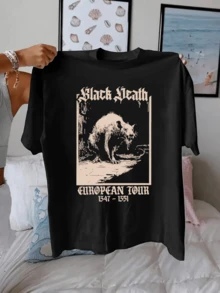 Figura de gato sombrío que simboliza el misterio y la fuerza interior representando el poder que renace en tiempos oscuros camiseta de mujer casual urbana cómoda - Negro - Ver 1